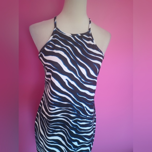 Boston Proper Ladies Blue Tinted Zebra Print Mini Cocktail Dress (Size Small) - Picture 4 of 11